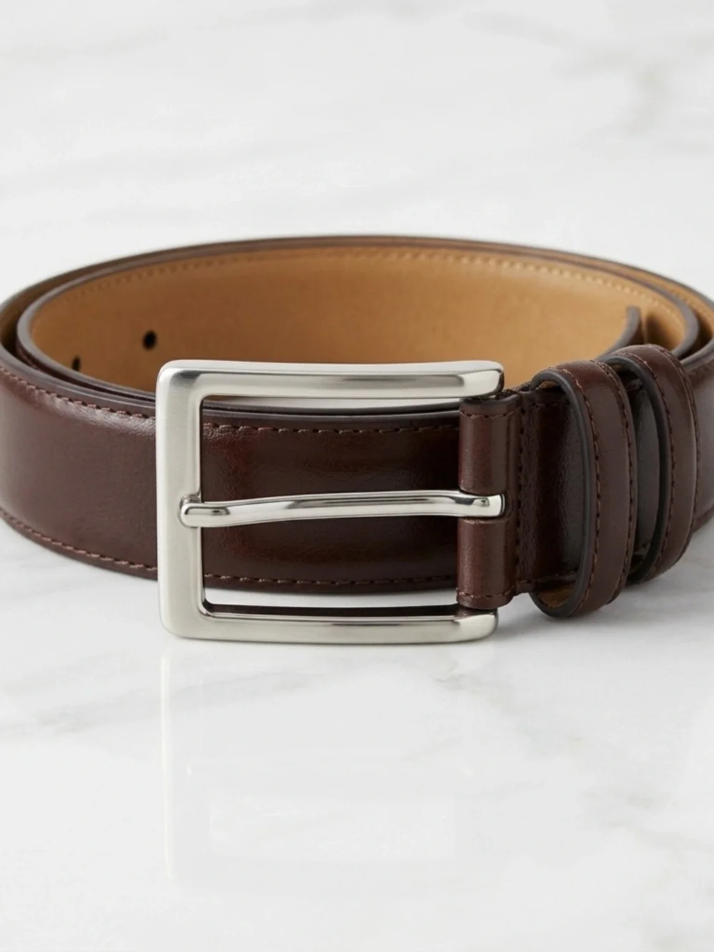 Men's Dark Brown Leather Dress Belt with Silver Buckle